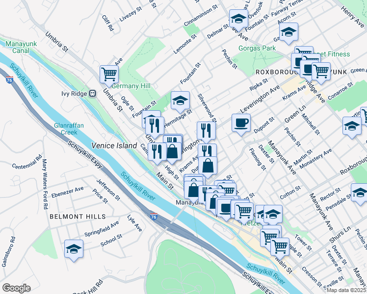 map of restaurants, bars, coffee shops, grocery stores, and more near 160 Leverington Avenue in Philadelphia