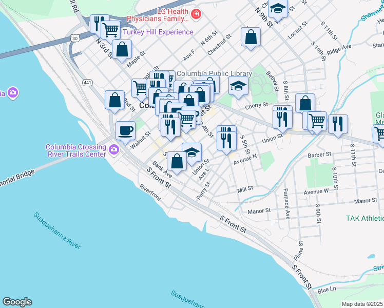 map of restaurants, bars, coffee shops, grocery stores, and more near 110 S 3rd St in Columbia