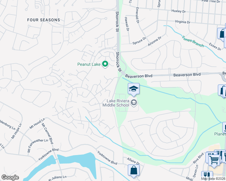 map of restaurants, bars, coffee shops, grocery stores, and more near 1027A Shetland Drive in Lakewood
