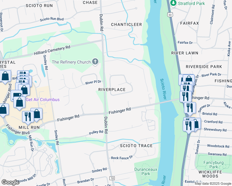 map of restaurants, bars, coffee shops, grocery stores, and more near 3442 Stonevista Lane in Columbus