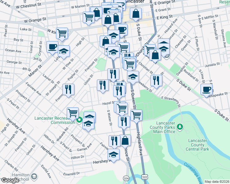 map of restaurants, bars, coffee shops, grocery stores, and more near 432 South Prince Street in Lancaster