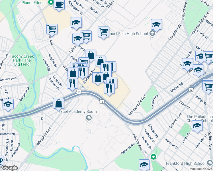 map of restaurants, bars, coffee shops, grocery stores, and more near 4640 Roosevelt Boulevard in Philadelphia