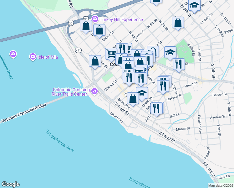 map of restaurants, bars, coffee shops, grocery stores, and more near 146 Locust Street in Columbia