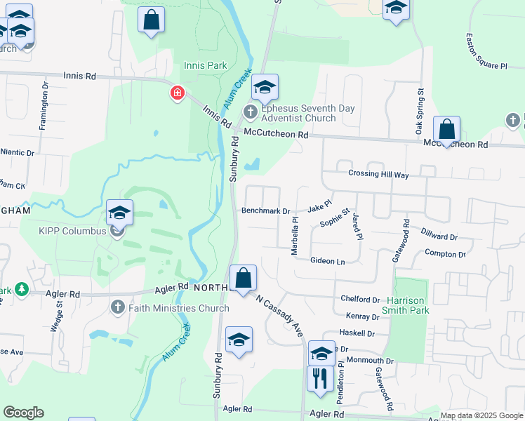 map of restaurants, bars, coffee shops, grocery stores, and more near Benchmark Drive in Columbus