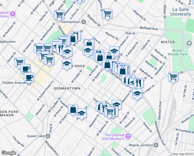 map of restaurants, bars, coffee shops, grocery stores, and more near 56 West Queen Lane in Philadelphia