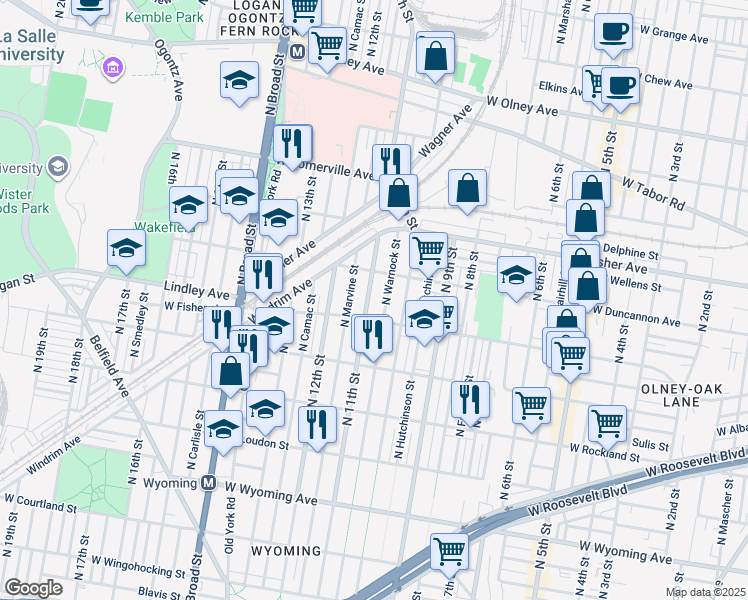 map of restaurants, bars, coffee shops, grocery stores, and more near 5117 North 11th Street in Philadelphia