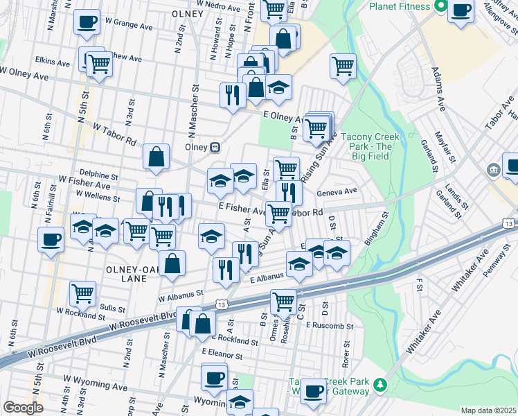map of restaurants, bars, coffee shops, grocery stores, and more near 213 East Fisher Avenue in Philadelphia