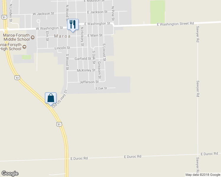 map of restaurants, bars, coffee shops, grocery stores, and more near 416 South Oak Street in Maroa