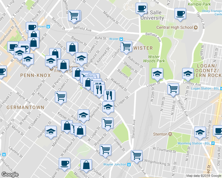 map of restaurants, bars, coffee shops, grocery stores, and more near 69 East Seymour Street in Philadelphia