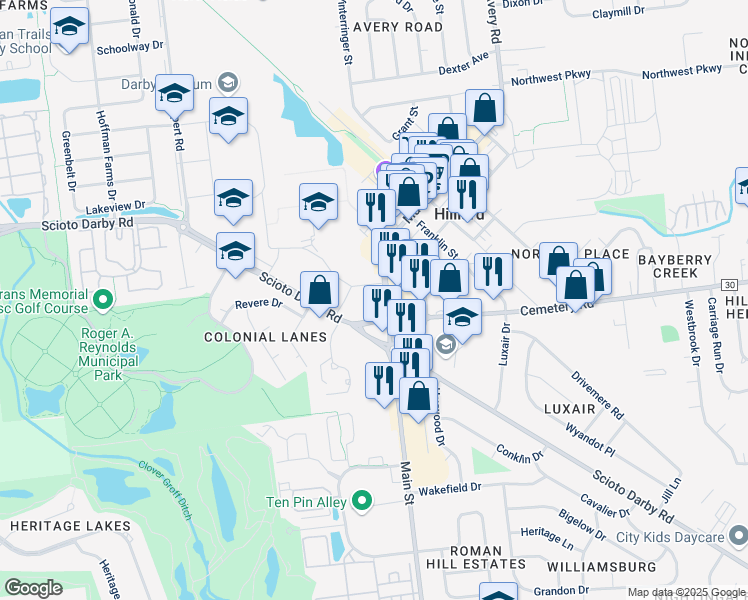 map of restaurants, bars, coffee shops, grocery stores, and more near 3859 Main Street in Hilliard