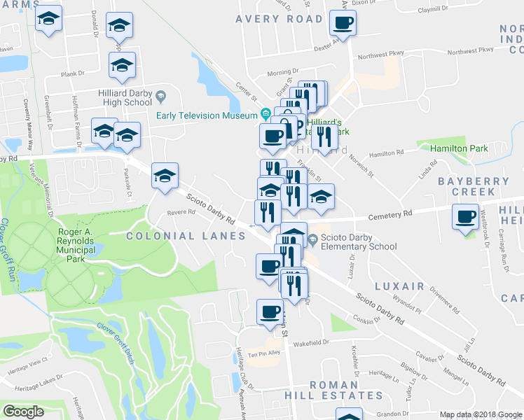 map of restaurants, bars, coffee shops, grocery stores, and more near 3859 Main Street in Hilliard