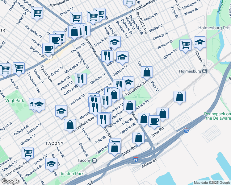 map of restaurants, bars, coffee shops, grocery stores, and more near 7240 Marsden Street in Philadelphia