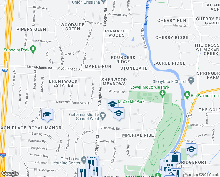 map of restaurants, bars, coffee shops, grocery stores, and more near 312 Marjoram Drive in Columbus