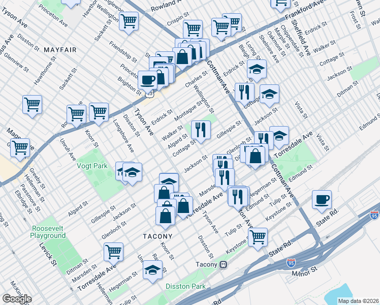 map of restaurants, bars, coffee shops, grocery stores, and more near 7032 Gillespie Street in Philadelphia