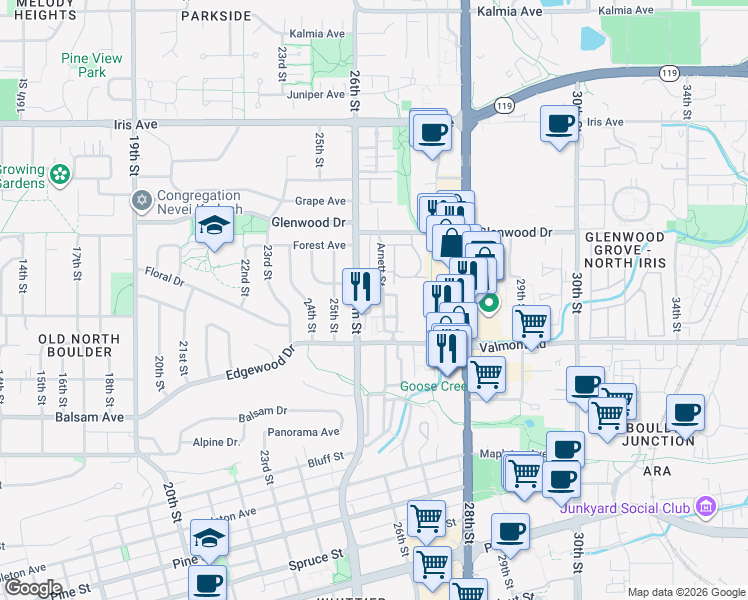 map of restaurants, bars, coffee shops, grocery stores, and more near 3040 Folsom Street in Boulder