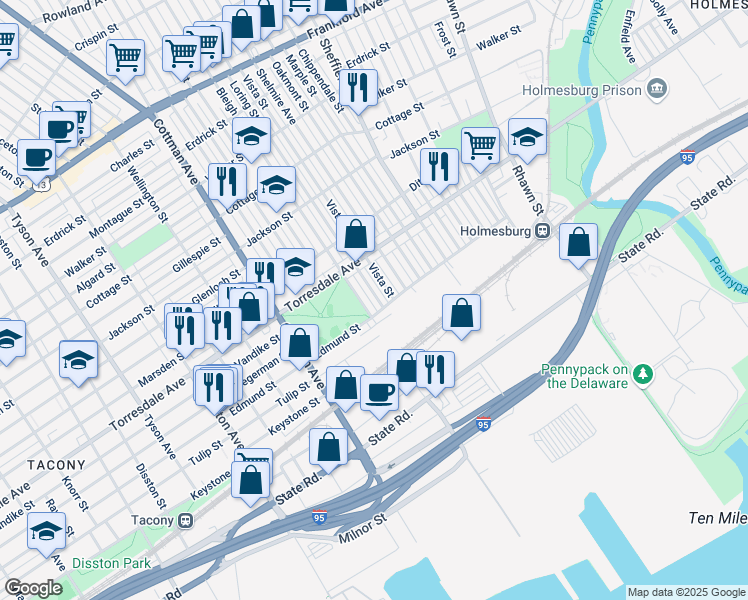 map of restaurants, bars, coffee shops, grocery stores, and more near 4757 Bleigh Avenue in Philadelphia