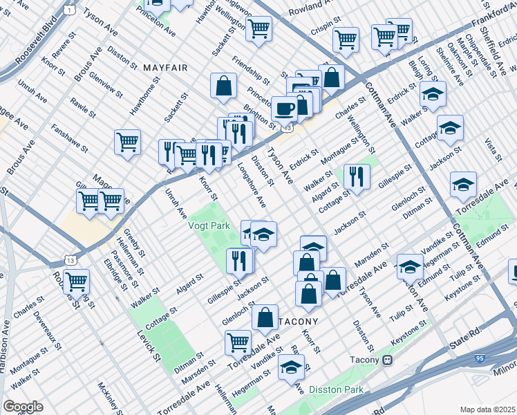 map of restaurants, bars, coffee shops, grocery stores, and more near 4214 Longshore Avenue in Philadelphia