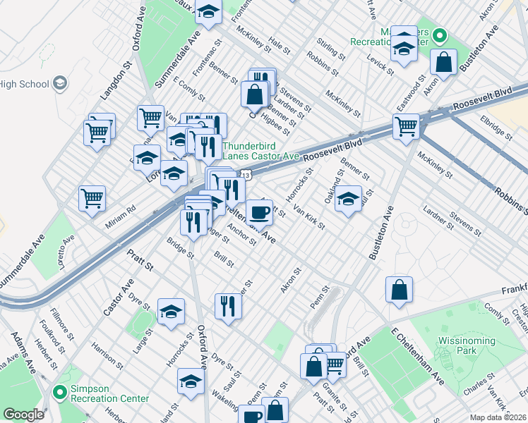 map of restaurants, bars, coffee shops, grocery stores, and more near 1439 Rosalie Street in Philadelphia