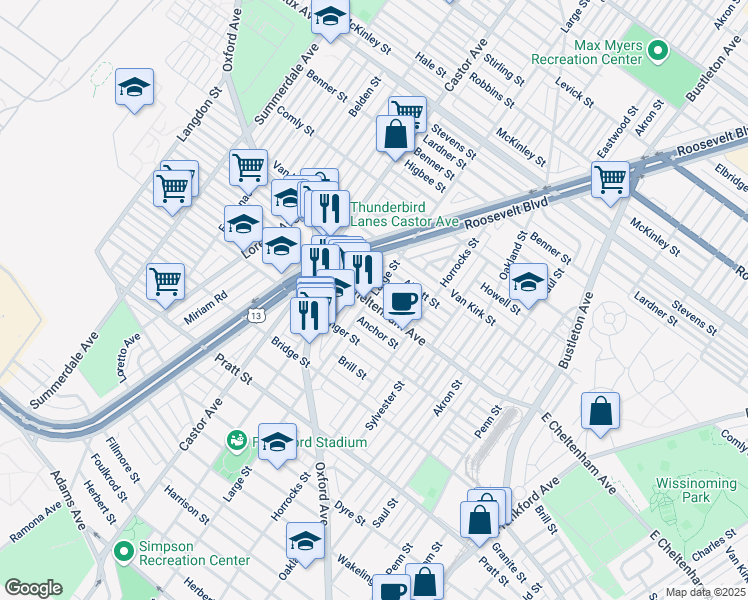 map of restaurants, bars, coffee shops, grocery stores, and more near 1401 East Cheltenham Avenue in Philadelphia