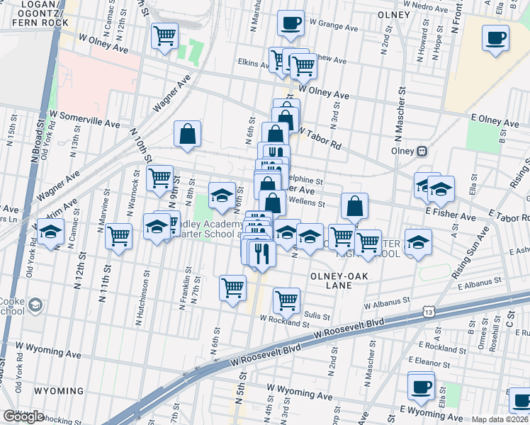 map of restaurants, bars, coffee shops, grocery stores, and more near in Philadelphia