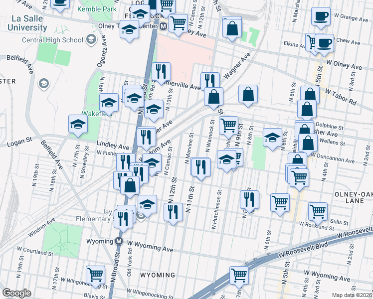 map of restaurants, bars, coffee shops, grocery stores, and more near 5109 North 12th Street in Philadelphia