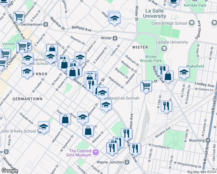 map of restaurants, bars, coffee shops, grocery stores, and more near 69 East Seymour Street in Philadelphia