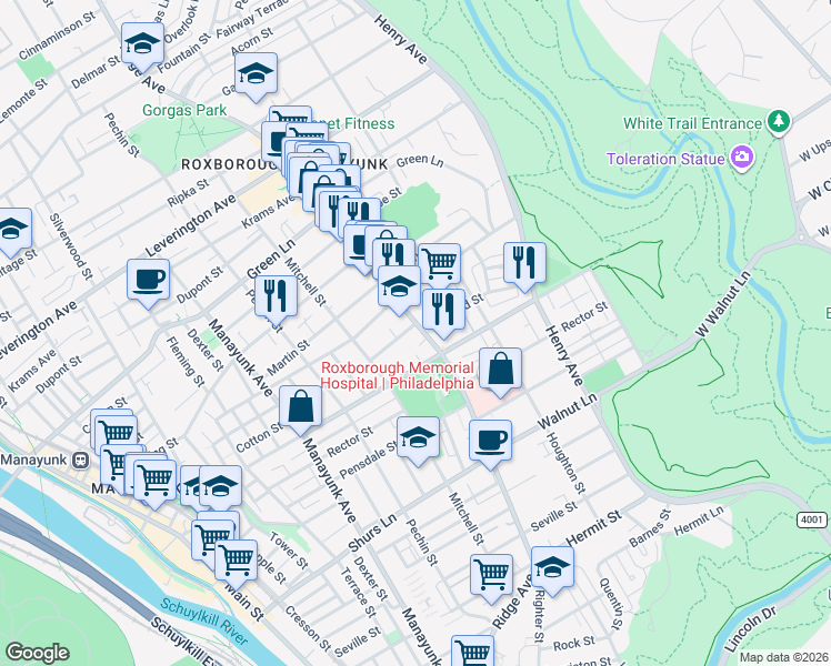 map of restaurants, bars, coffee shops, grocery stores, and more near 481 Monastery Avenue in Philadelphia