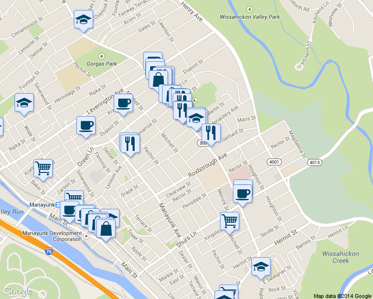 map of restaurants, bars, coffee shops, grocery stores, and more near 4359 Mitchell Street in Philadelphia