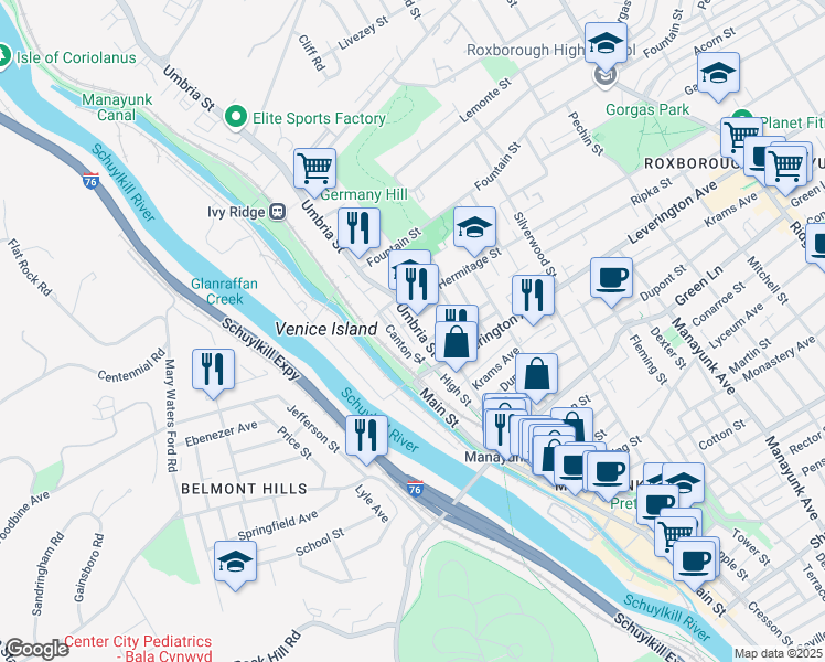 map of restaurants, bars, coffee shops, grocery stores, and more near 4681 Canton Street in Philadelphia