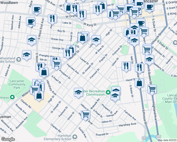 map of restaurants, bars, coffee shops, grocery stores, and more near 732 Saint Joseph Street in Lancaster