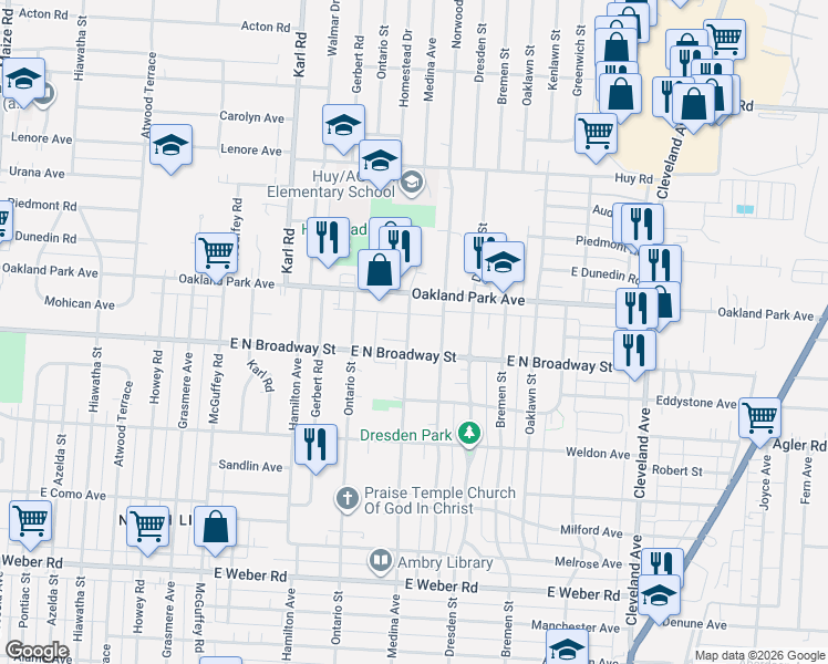 map of restaurants, bars, coffee shops, grocery stores, and more near 3125 Norwood Street in Columbus