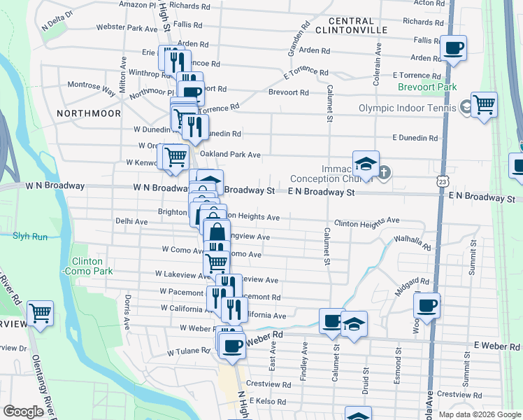 map of restaurants, bars, coffee shops, grocery stores, and more near 136 Clinton Heights Avenue in Columbus