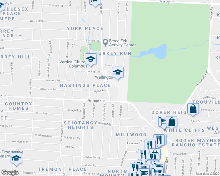 map of restaurants, bars, coffee shops, grocery stores, and more near 3600 Reed Road in Columbus