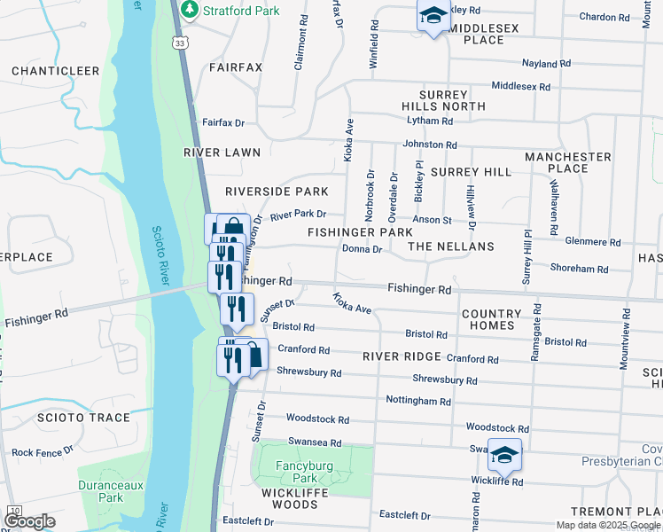 map of restaurants, bars, coffee shops, grocery stores, and more near 3751 Kioka Avenue in Columbus