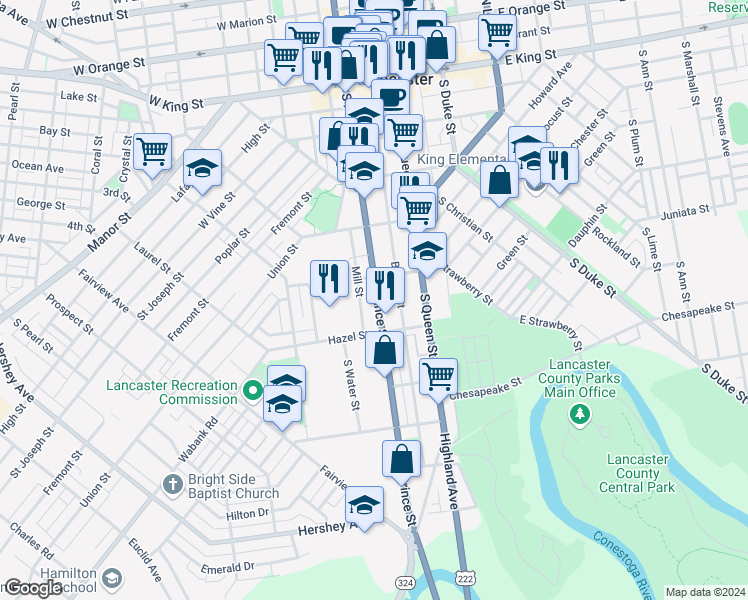 map of restaurants, bars, coffee shops, grocery stores, and more near 428 South Prince Street in Lancaster
