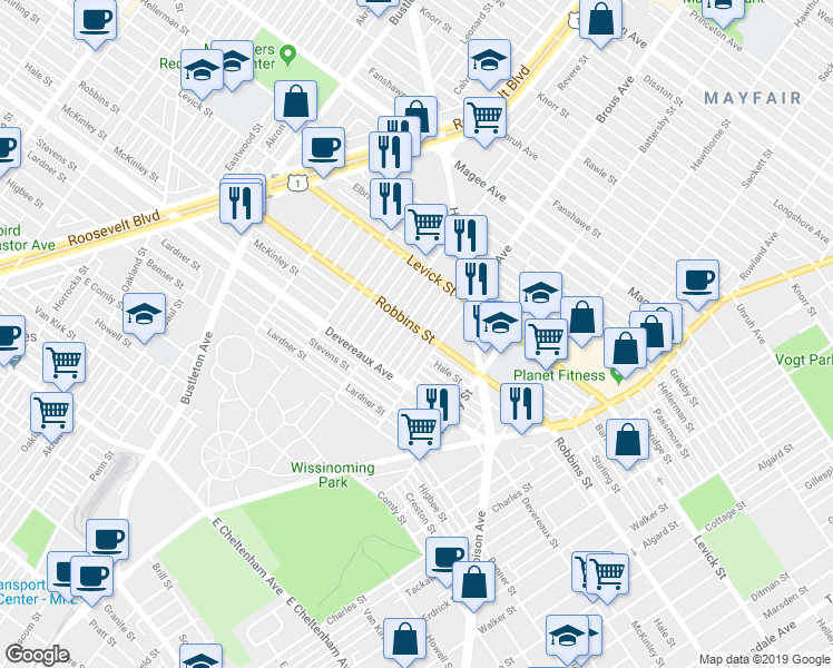 map of restaurants, bars, coffee shops, grocery stores, and more near 6246 Mershon Street in Philadelphia