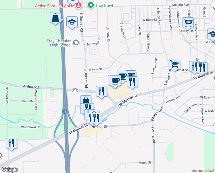 map of restaurants, bars, coffee shops, grocery stores, and more near 1050 Laurel Tree Court in Troy