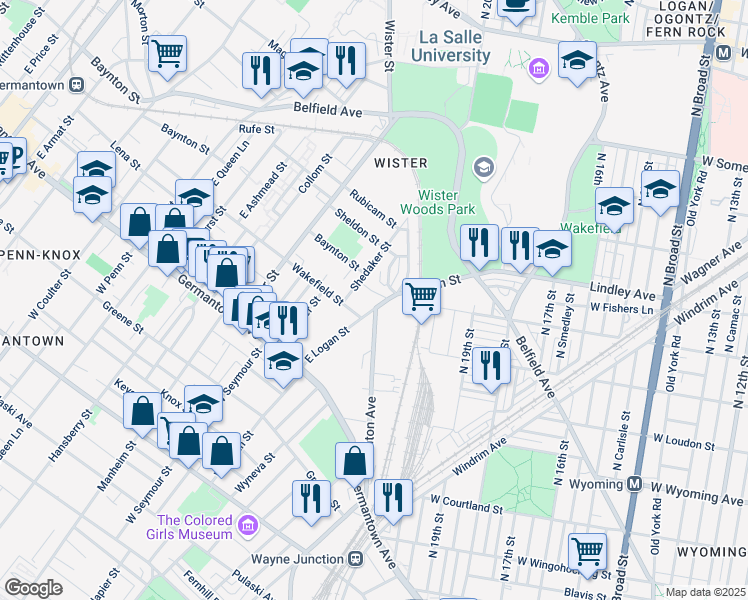 map of restaurants, bars, coffee shops, grocery stores, and more near 223 East Logan Street in Philadelphia