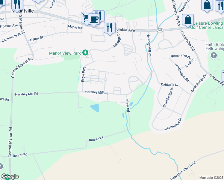 map of restaurants, bars, coffee shops, grocery stores, and more near 200 Horseshoe Loop in Mountville
