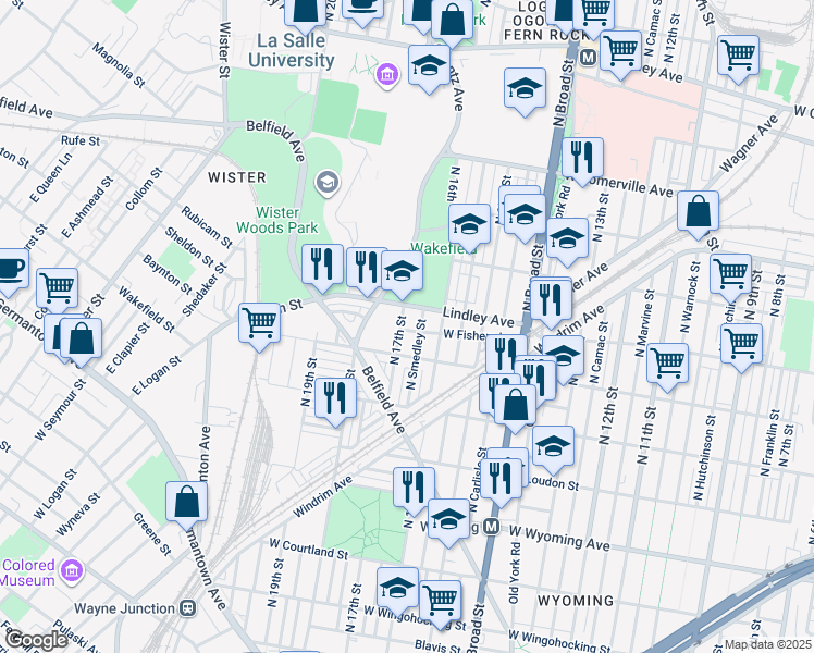 map of restaurants, bars, coffee shops, grocery stores, and more near 5037 North 17th Street in Philadelphia