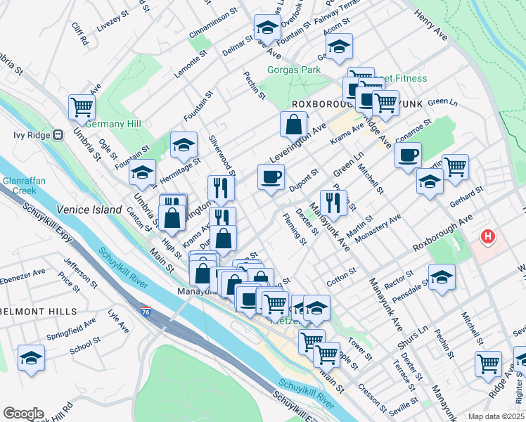 map of restaurants, bars, coffee shops, grocery stores, and more near 251 Dupont Street in Philadelphia