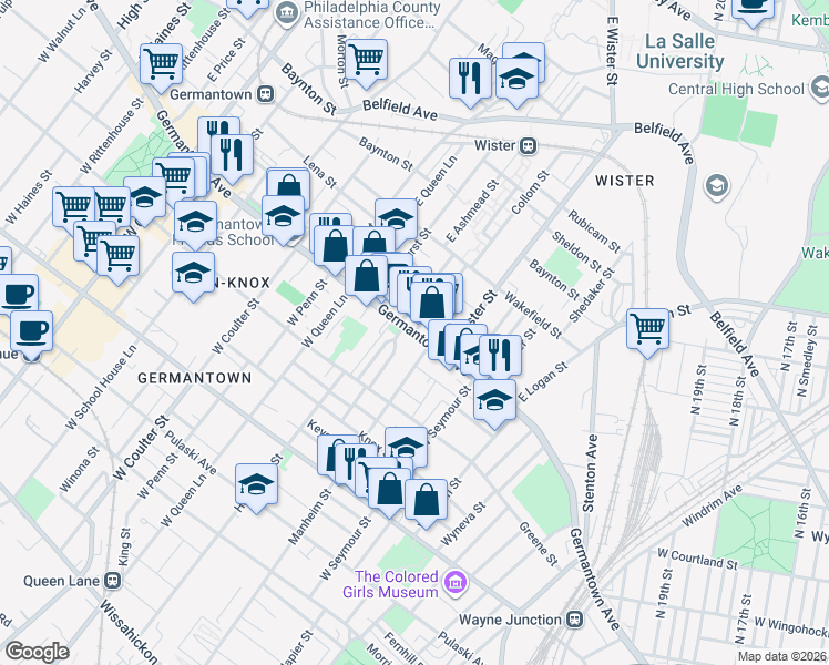 map of restaurants, bars, coffee shops, grocery stores, and more near Germantown Ave & E Collom St in Philadelphia