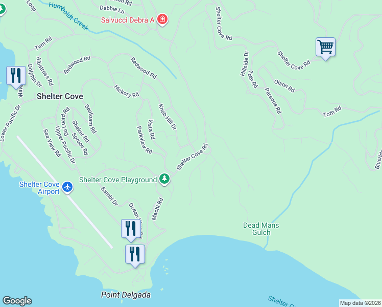 map of restaurants, bars, coffee shops, grocery stores, and more near 8975 Shelter Cove Road in Whitethorn