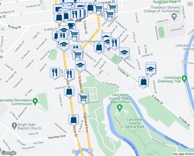 map of restaurants, bars, coffee shops, grocery stores, and more near 539 East Strawberry Street in Lancaster