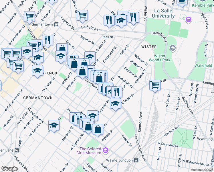 map of restaurants, bars, coffee shops, grocery stores, and more near 32 East Wister Street in Philadelphia