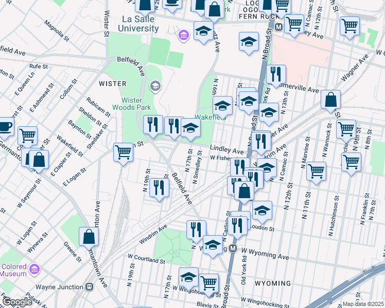 map of restaurants, bars, coffee shops, grocery stores, and more near 5037 North 17th Street in Philadelphia