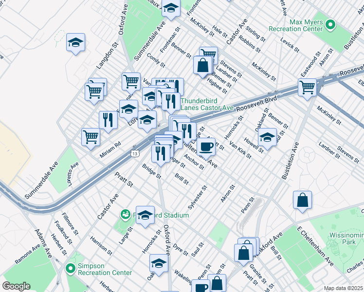 map of restaurants, bars, coffee shops, grocery stores, and more near 5445 Rutland Street in Philadelphia