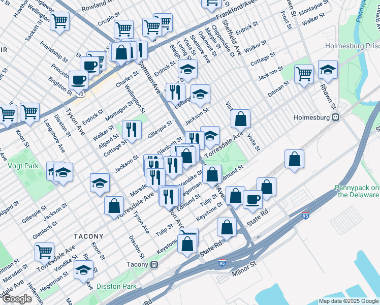 map of restaurants, bars, coffee shops, grocery stores, and more near 7242 Marsden Street in Philadelphia