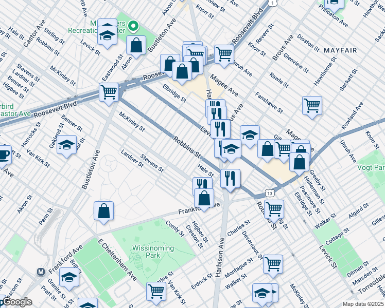 map of restaurants, bars, coffee shops, grocery stores, and more near 6246 Mershon Street in Philadelphia