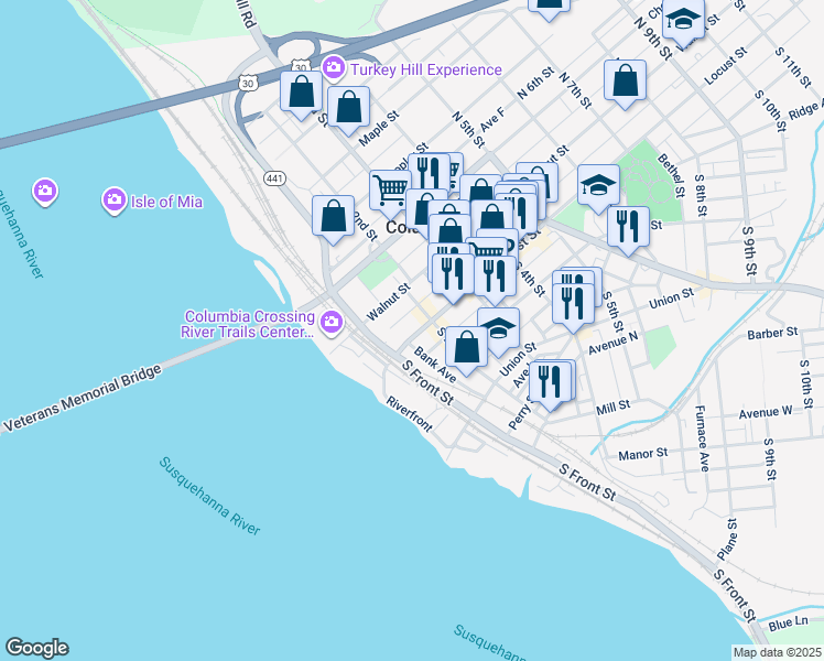 map of restaurants, bars, coffee shops, grocery stores, and more near 146 Locust Street in Columbia
